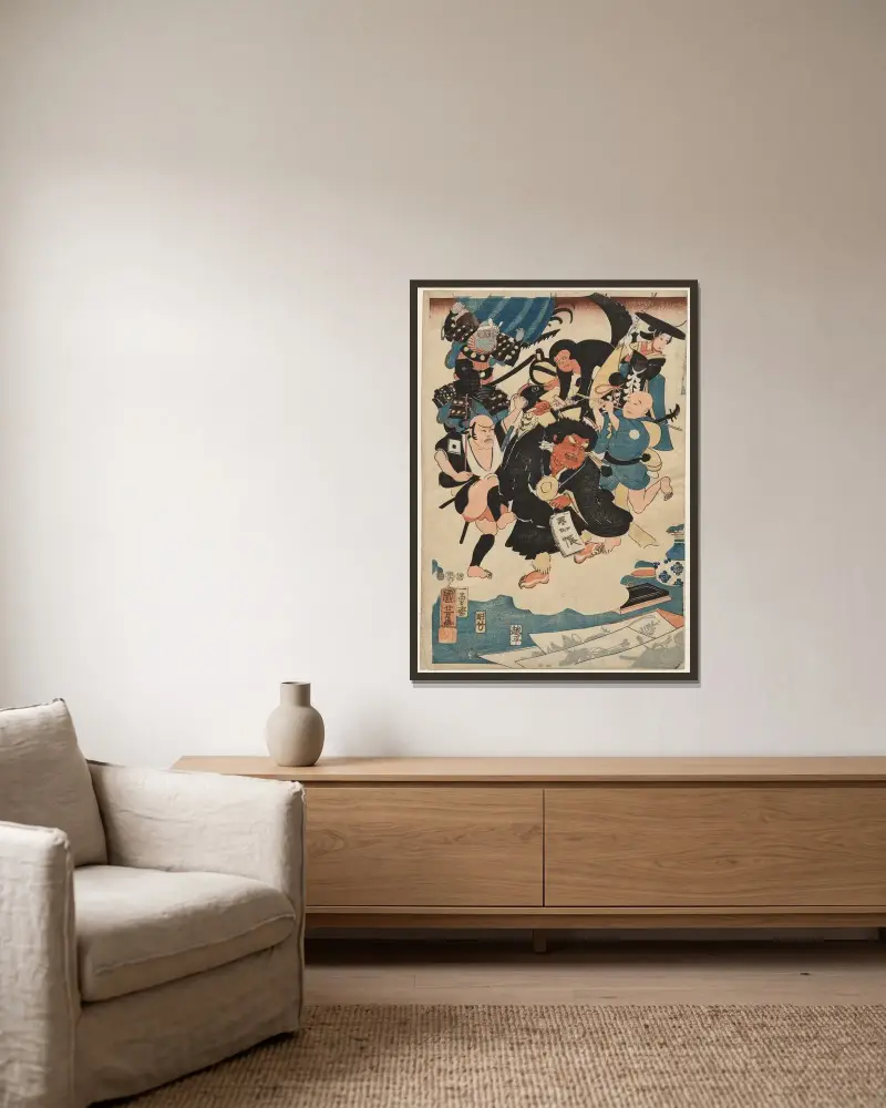 Den märkliga händelsen med Ukiyo Matahei och hans berömda målningar, 1853 – nr 1 av Utagawa Kuniyoshi inramad på en vägg