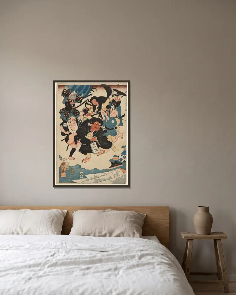 Den märkliga händelsen med Ukiyo Matahei och hans berömda målningar, 1853 – nr 1 av Utagawa Kuniyoshi inramad på en vägg