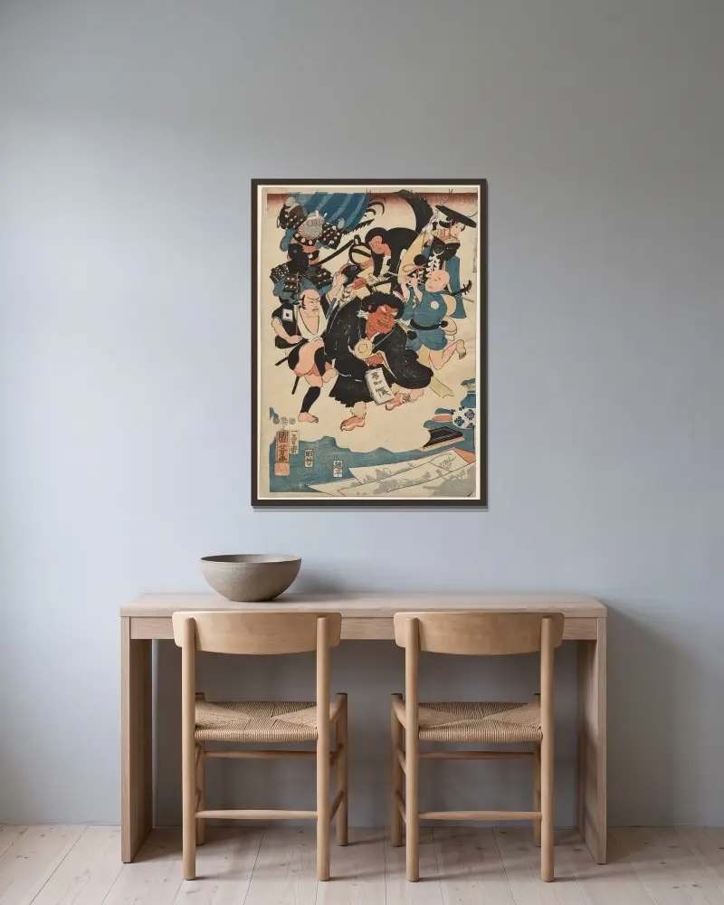 Den märkliga händelsen med Ukiyo Matahei och hans berömda målningar, 1853 – nr 1 av Utagawa Kuniyoshi inramad på en vägg
