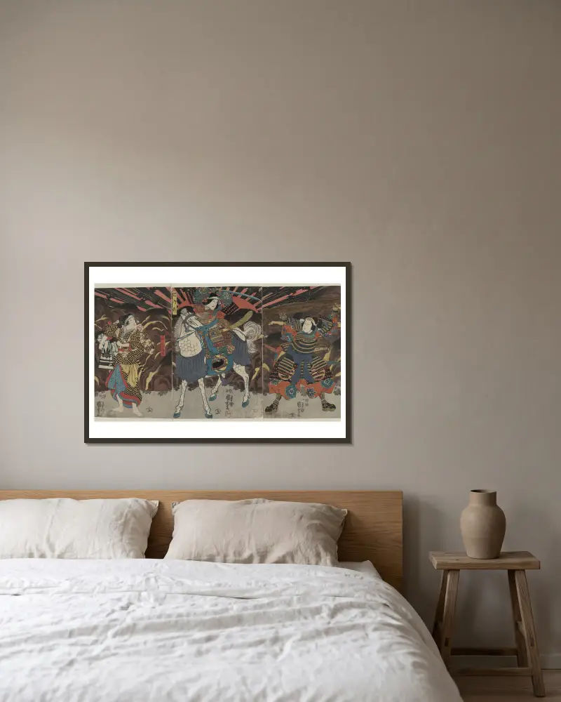 Tomoe Gozen vid Yamabuki av Utagawa Kuniyoshi inramad på en vägg