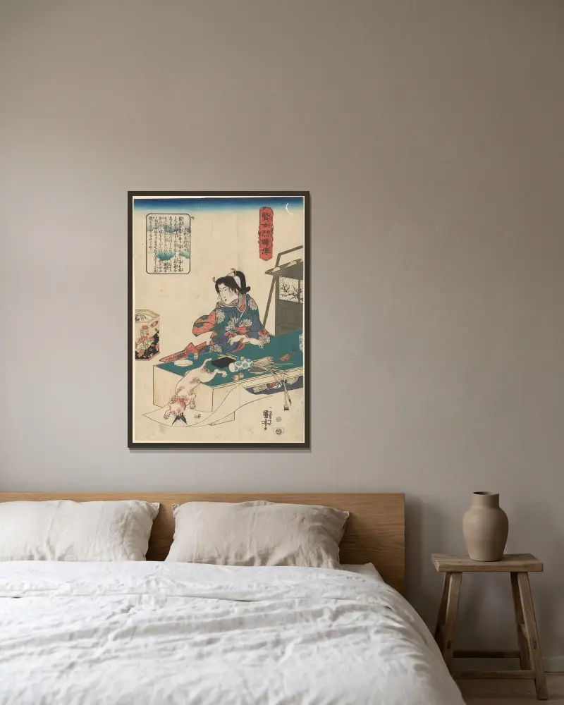 Kvinna vid bord, vit katt som kastar sig över fjäril av Utagawa Kuniyoshi inramad på en vägg