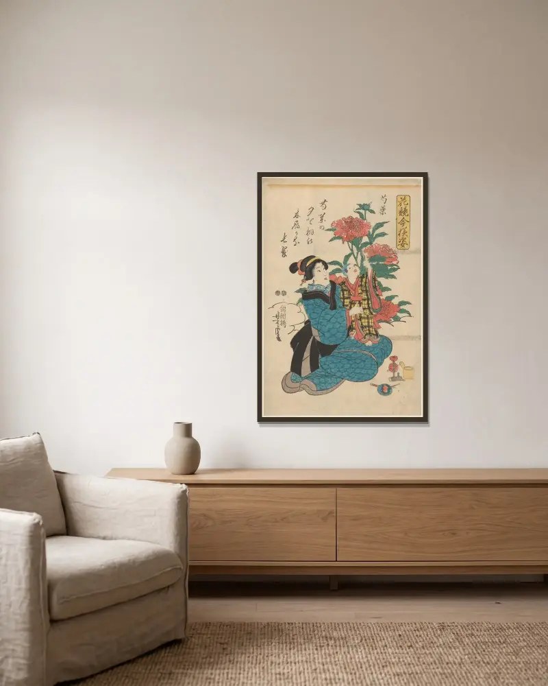 Frau im blauen Kimono mit Kind bei Pfingstrosen von Utagawa Kuniyoshi gerahmt an einer Wand