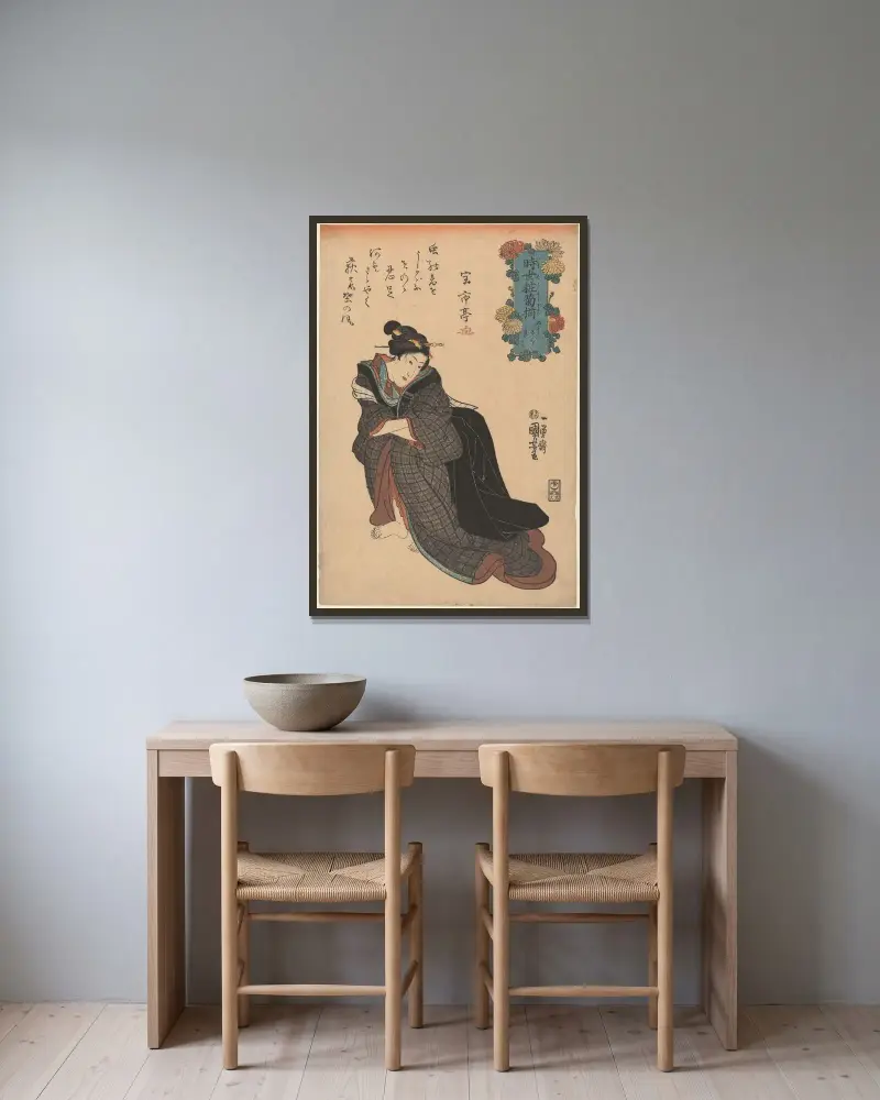 Kvinna i rutig kimono, med händerna på höfterna av Utagawa Kuniyoshi inramad på en vägg