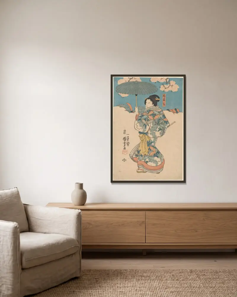 Kvinna med grönt paraply av Utagawa Kuniyoshi inramad på en vägg