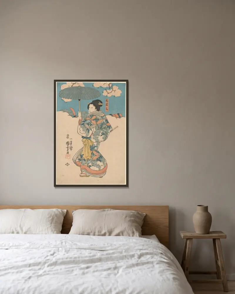 Kvinna med grönt paraply av Utagawa Kuniyoshi inramad på en vägg