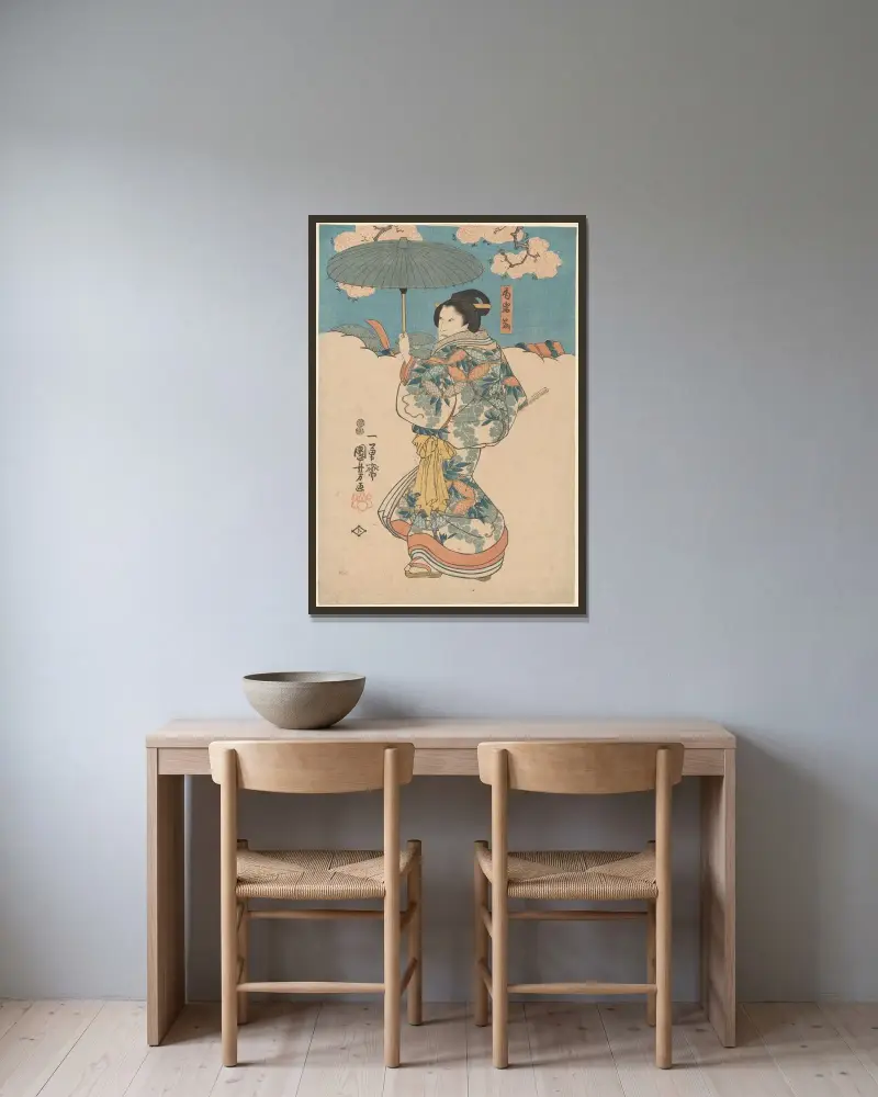 Kvinna med grönt paraply av Utagawa Kuniyoshi inramad på en vägg