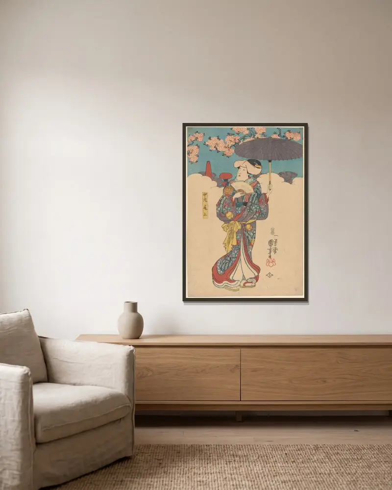 Kvinna med lila paraply av Utagawa Kuniyoshi inramad på en vägg