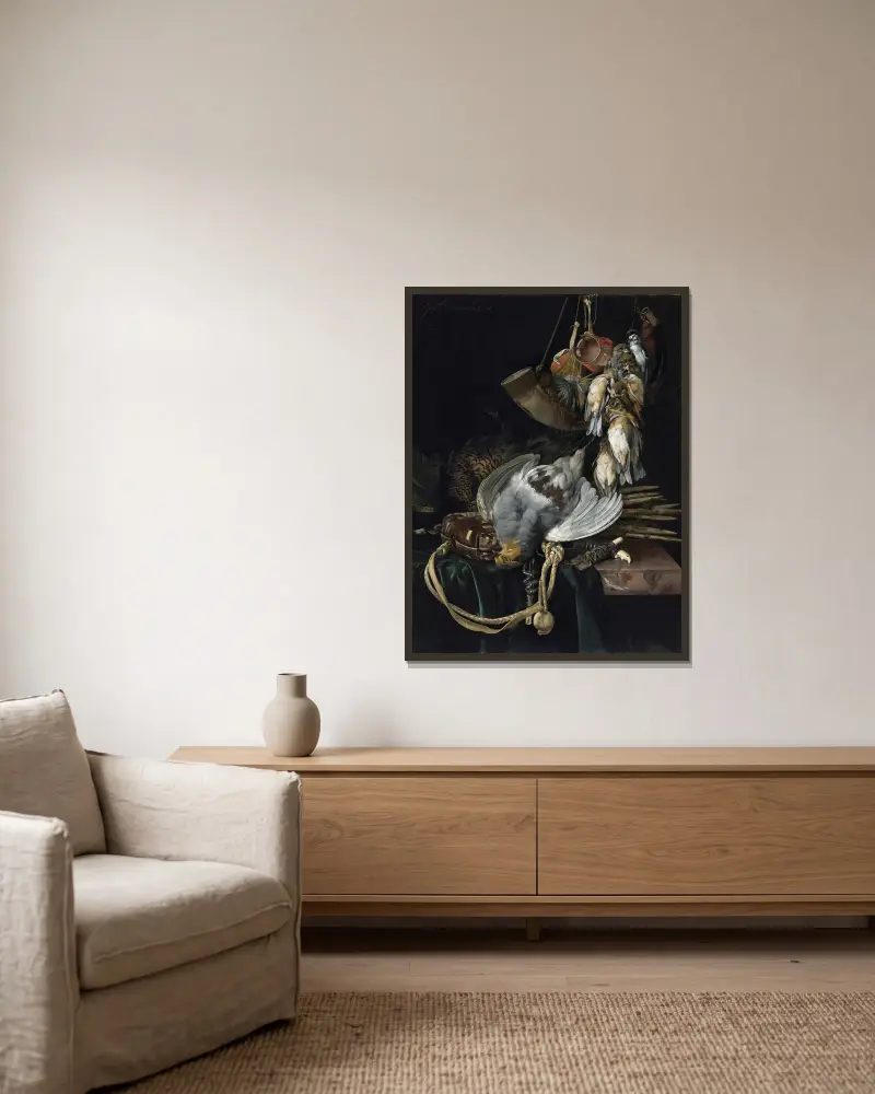 En rapphöna, en fasan, en jaktväska och fällor på en delvis draperad hylla, sångfåglar, ett jakthorn och falkhättor ovanför av Willem van Aelst inramad på en vägg