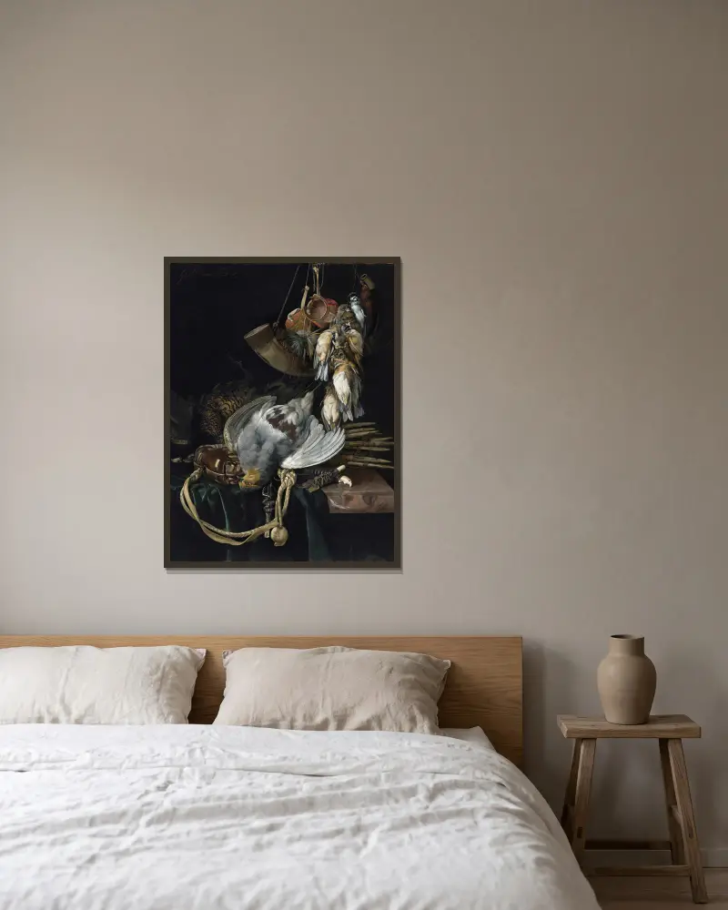 En rapphöna, en fasan, en jaktväska och fällor på en delvis draperad hylla, sångfåglar, ett jakthorn och falkhättor ovanför av Willem van Aelst inramad på en vägg