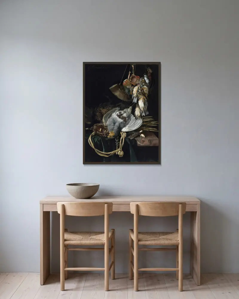 En rapphöna, en fasan, en jaktväska och fällor på en delvis draperad hylla, sångfåglar, ett jakthorn och falkhättor ovanför av Willem van Aelst inramad på en vägg