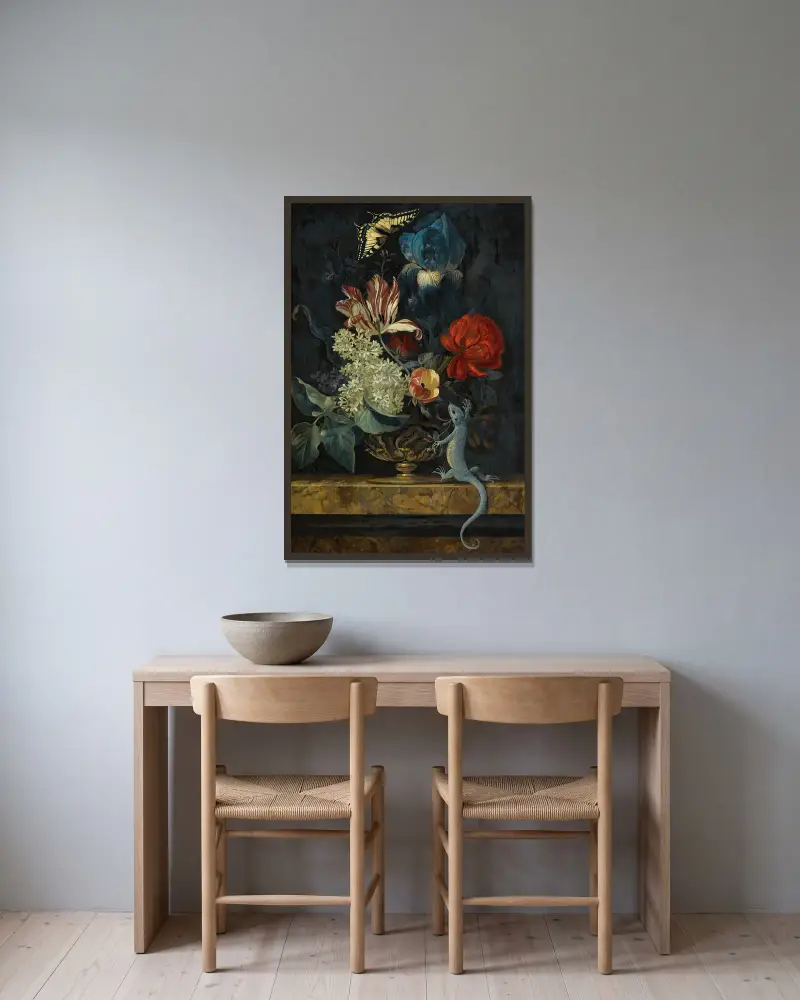 Stilleben med tulpaner och andra blommor i en vas på en marmorhylla, med en ödla och en fjäril av Willem van Aelst inramad på en vägg