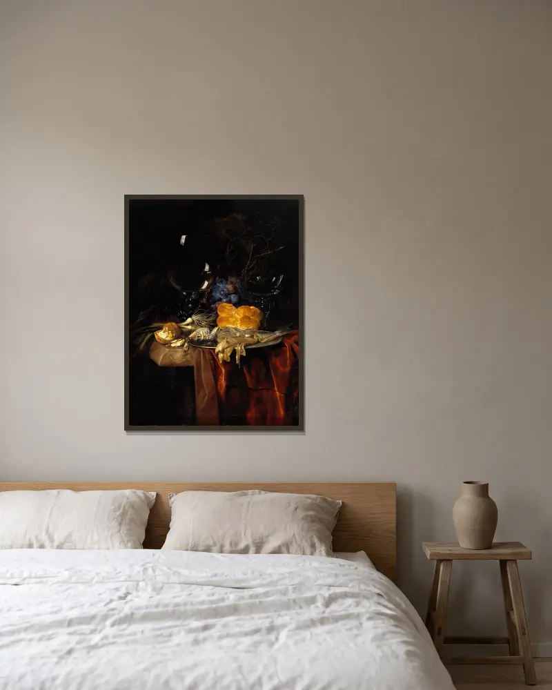 Das Frühstück av Willem van Aelst inramad på en vägg