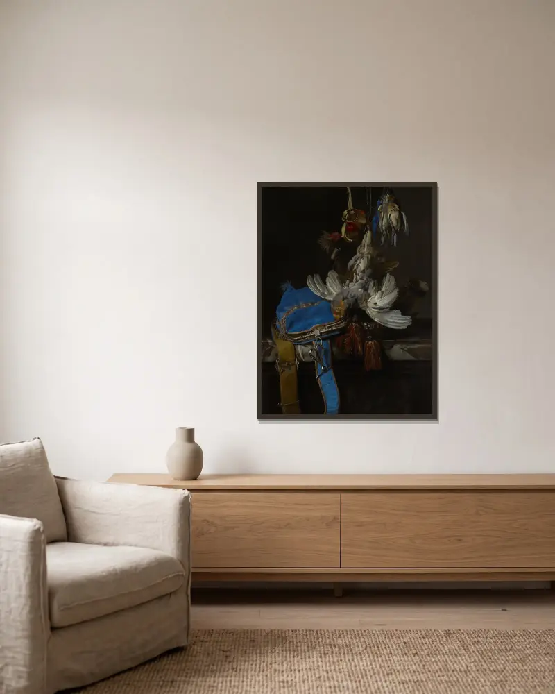Jagdstillleben mit Samtbeutel auf Marmorplatte von Willem van Aelst gerahmt an einer Wand