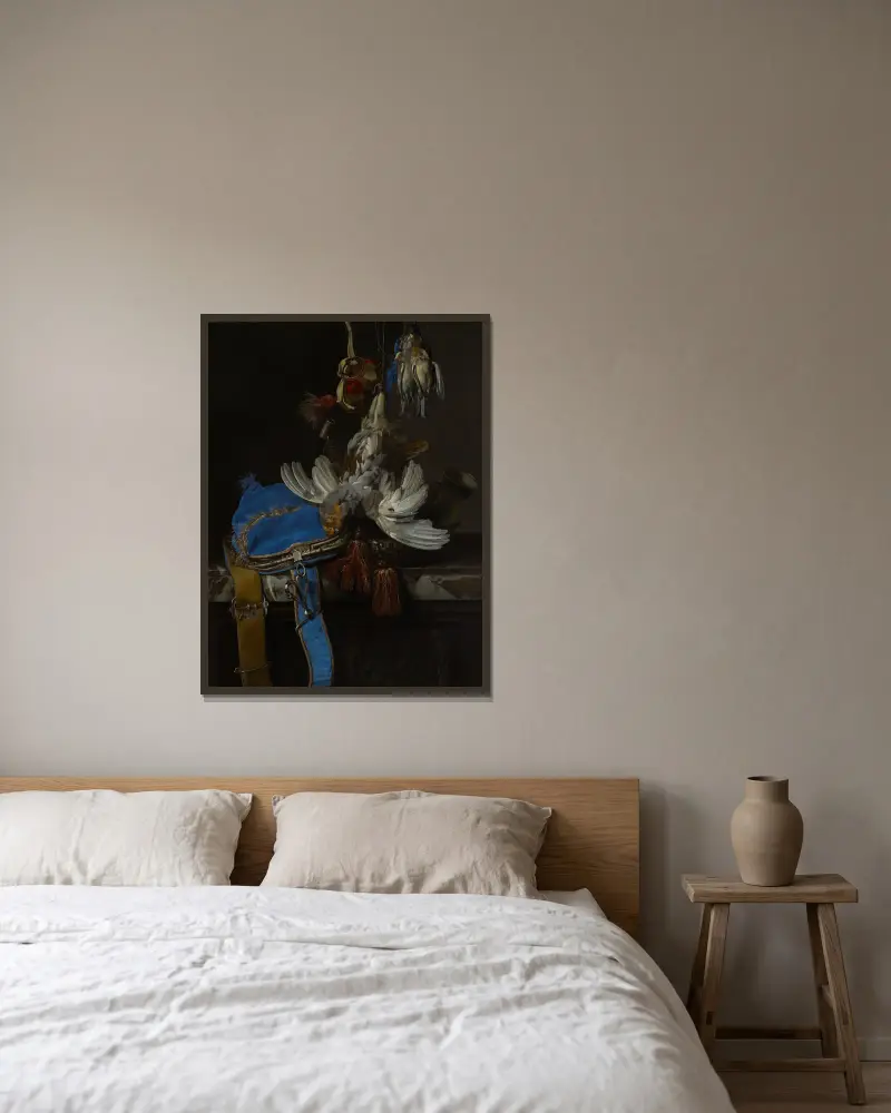 Jagdstillleben mit Samtbeutel auf Marmorplatte von Willem van Aelst gerahmt an einer Wand