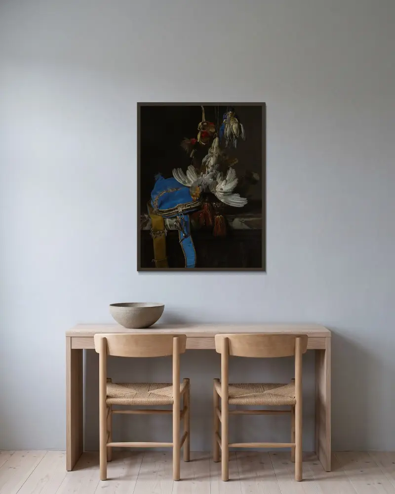 Jagdstillleben mit Samtbeutel auf Marmorplatte von Willem van Aelst gerahmt an einer Wand