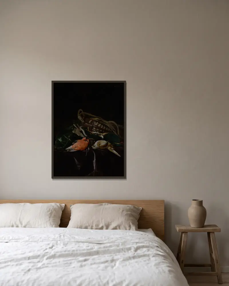 Stilleben med döda fåglar och jaktväska av Willem van Aelst inramad på en vägg