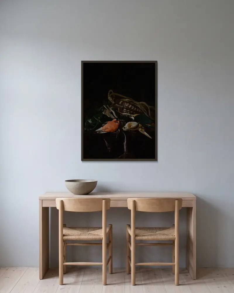 Stilleben med döda fåglar och jaktväska av Willem van Aelst inramad på en vägg