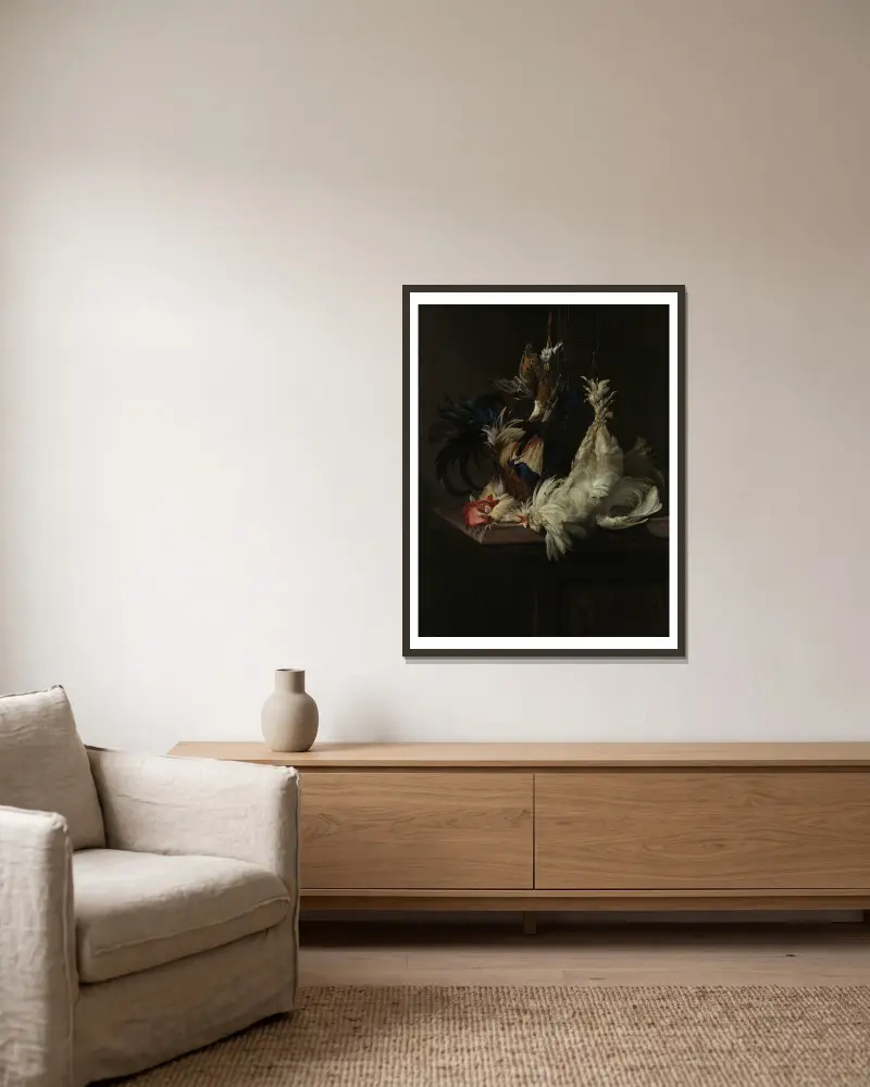 Stillleben mit Geflügel von Willem van Aelst gerahmt an einer Wand