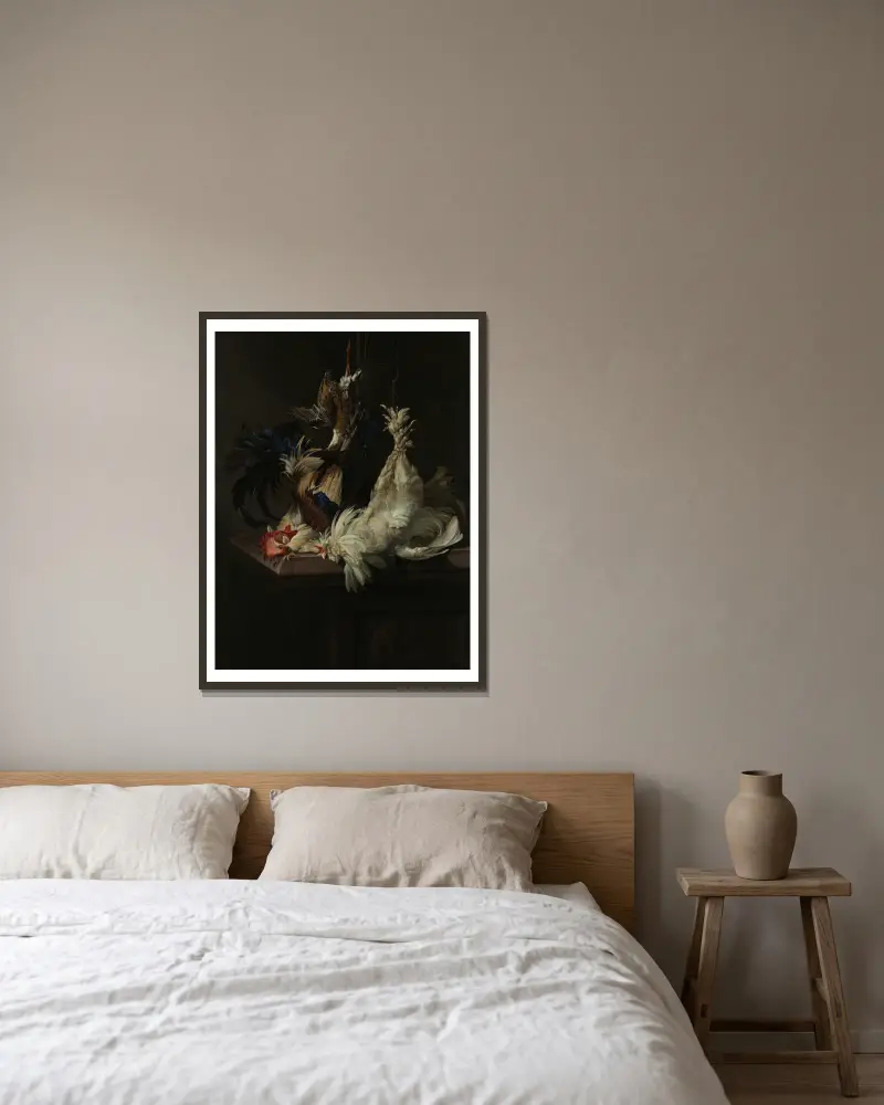 Stillleben mit Geflügel von Willem van Aelst gerahmt an einer Wand