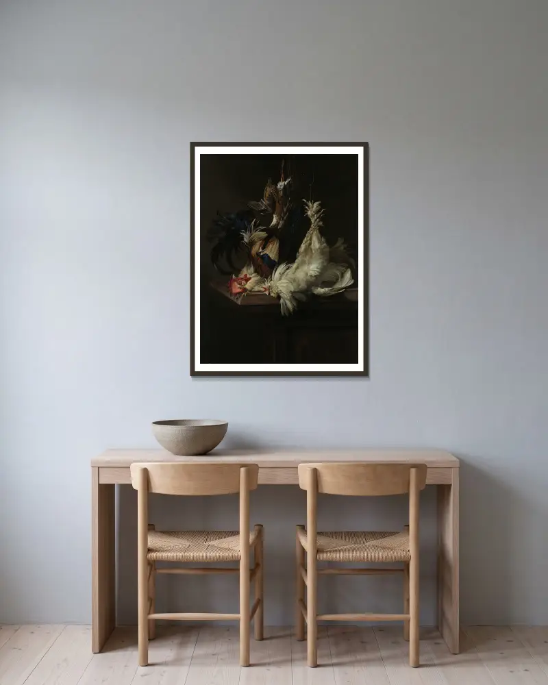 Stillleben mit Geflügel von Willem van Aelst gerahmt an einer Wand