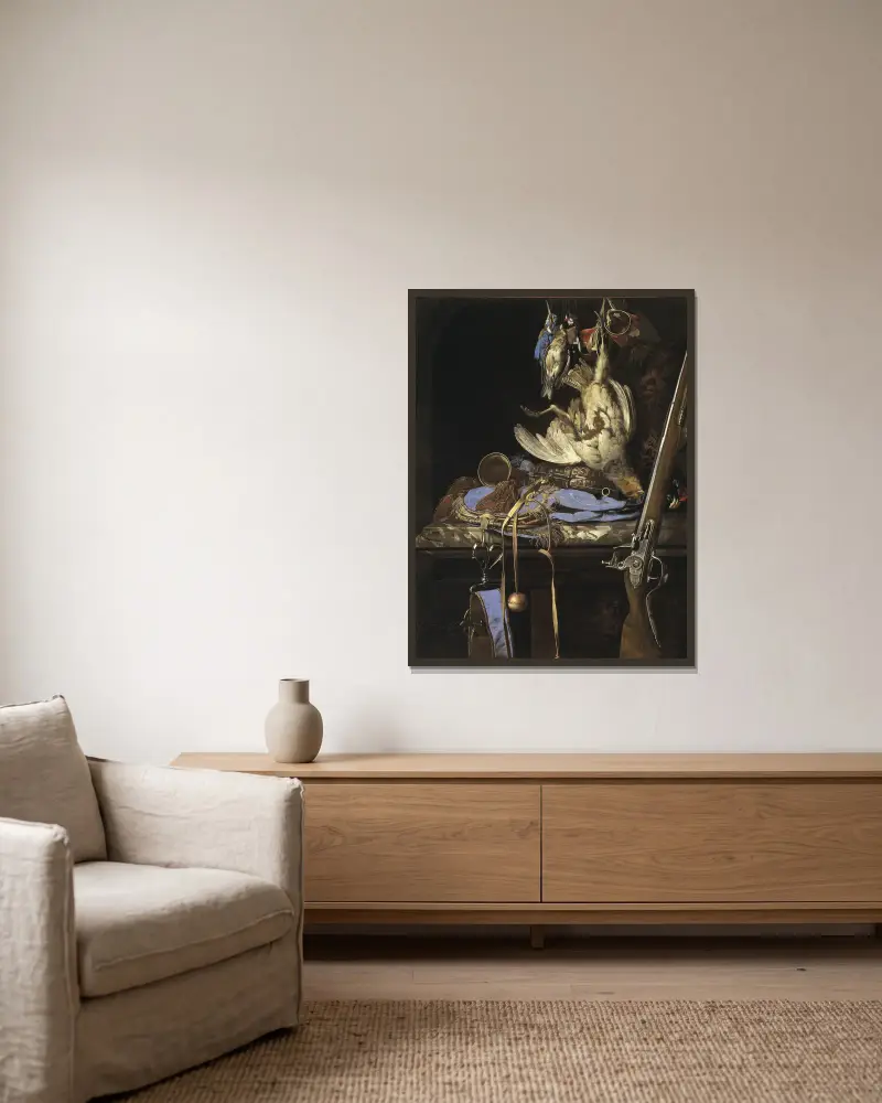 Stillleben mit Jagdgerät von Willem van Aelst gerahmt an einer Wand