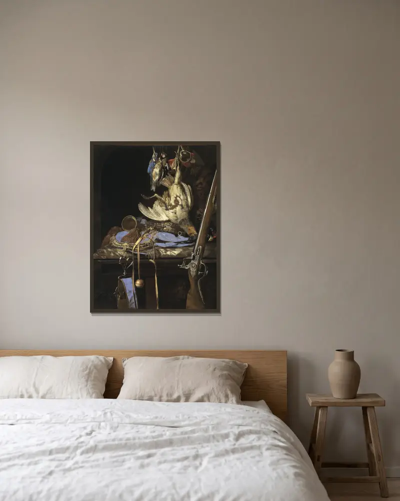 Stillleben mit Jagdgerät von Willem van Aelst gerahmt an einer Wand