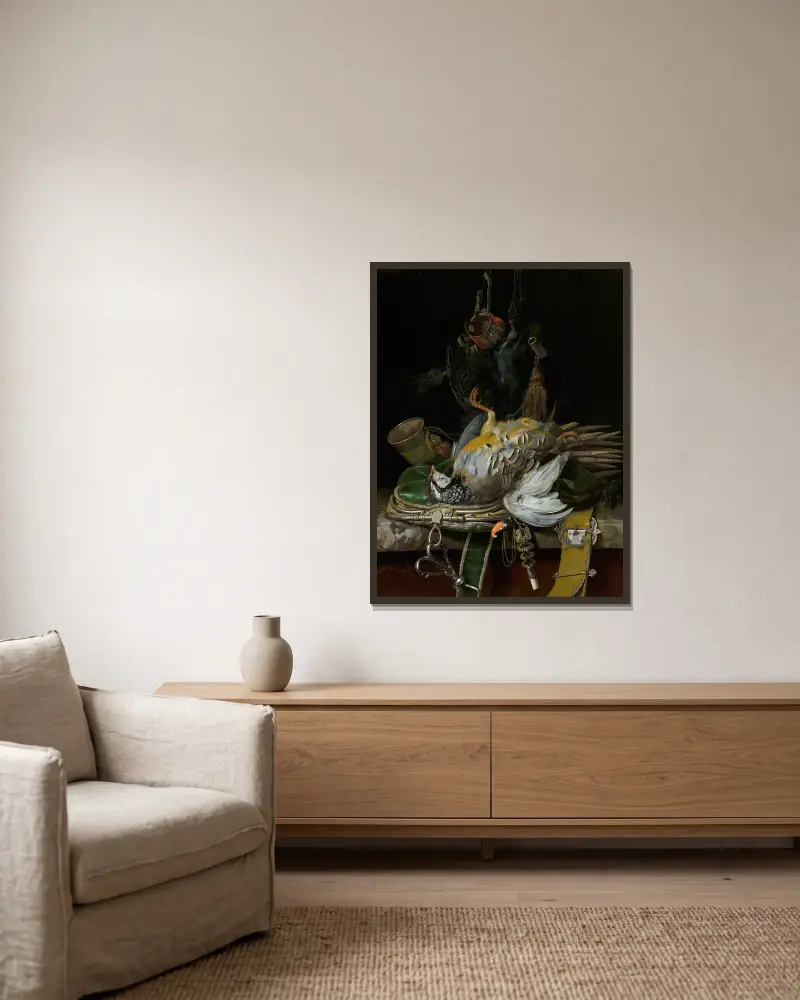 Still Life with Partridges av Willem van Aelst inramad på en vägg