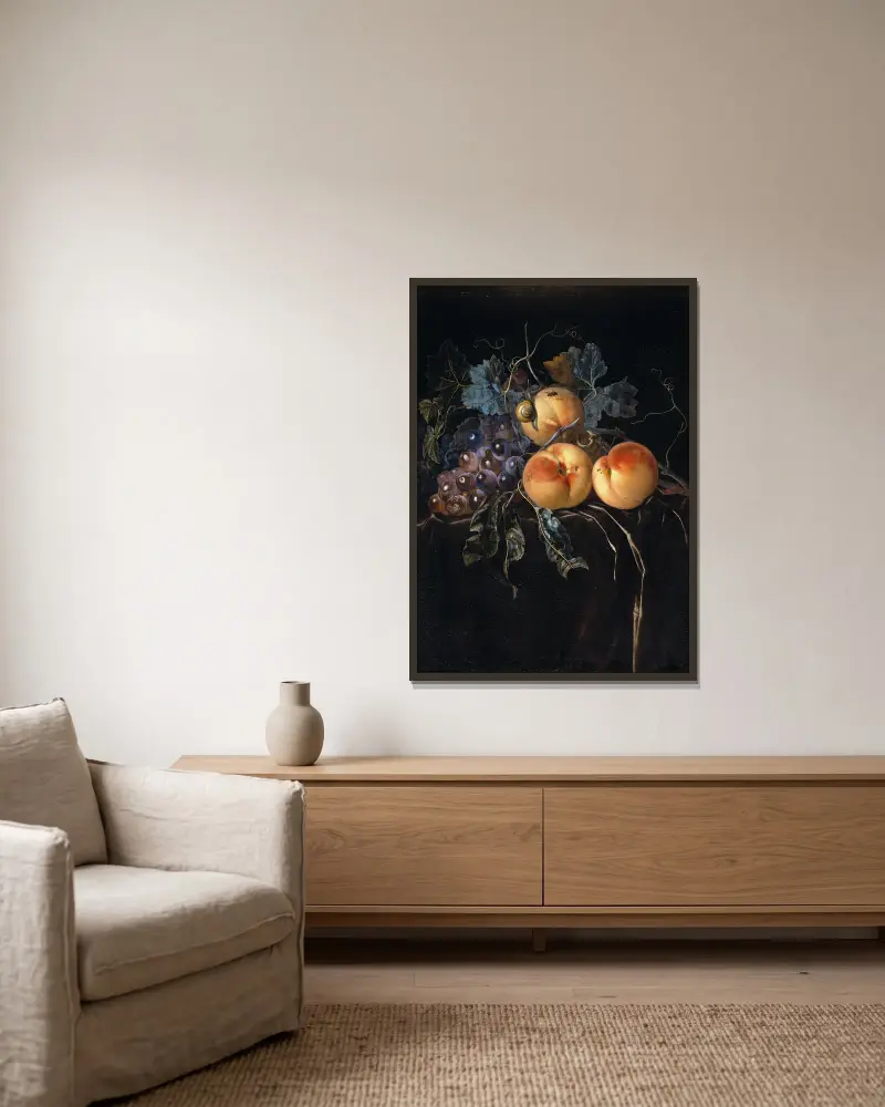 Martwa natura z brzoskwiniami i winogronami, Willem van Aelst w ramie na ścianie