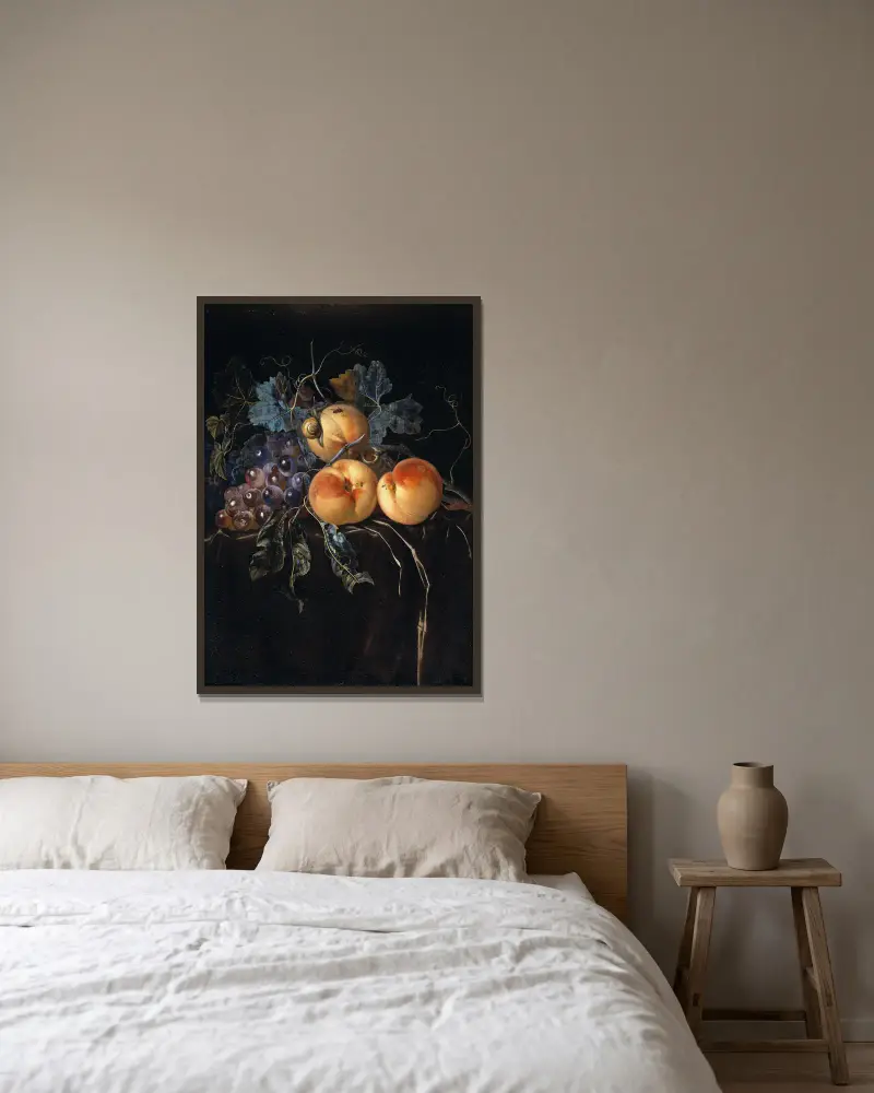 Martwa natura z brzoskwiniami i winogronami, Willem van Aelst w ramie na ścianie