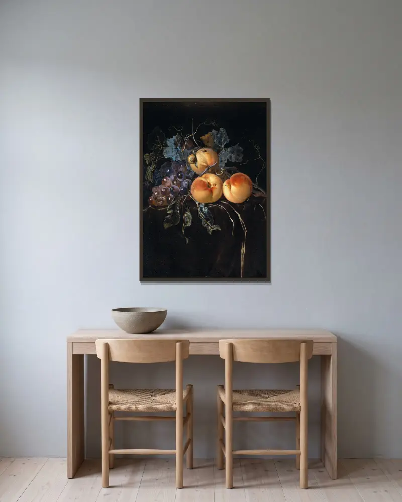 Martwa natura z brzoskwiniami i winogronami, Willem van Aelst w ramie na ścianie