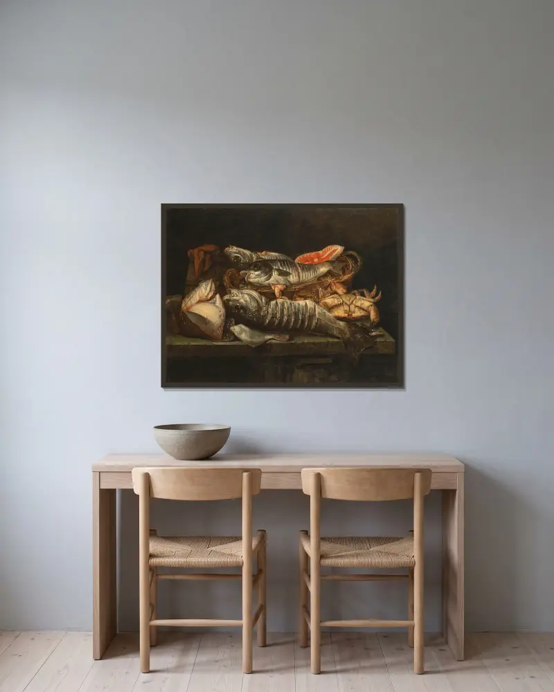 Fische und Krustentiere von Abraham van Beyeren gerahmt an einer Wand