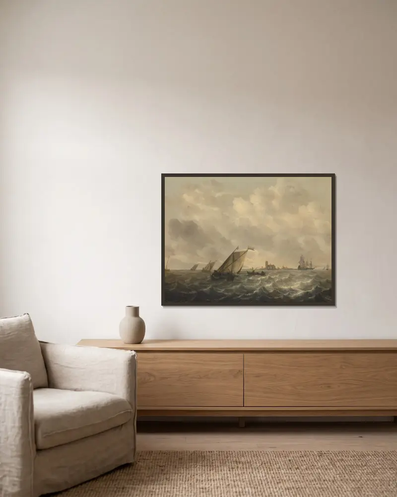 River View av Abraham van Beyeren inramad på en vägg