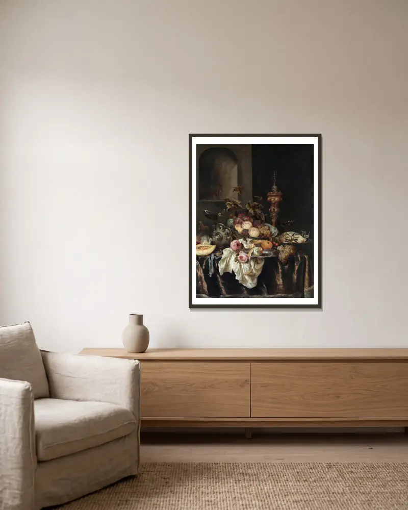 Still Life, 1640 av Abraham van Beyeren inramad på en vägg