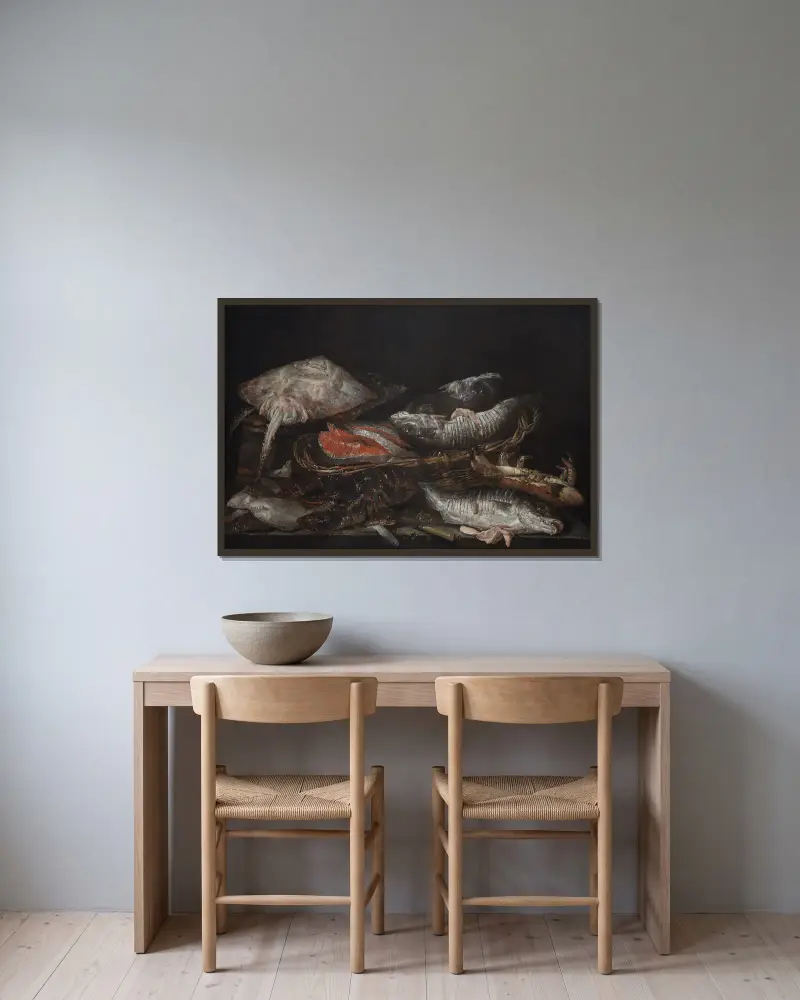 Still Life With Fish On A Stone Table av Abraham van Beyeren inramad på en vägg