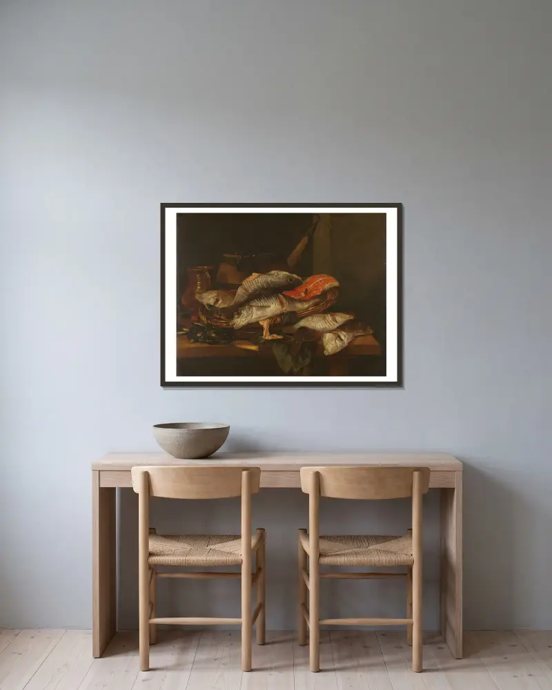 Still Life with Fish, 1650 av Abraham van Beyeren inramad på en vägg
