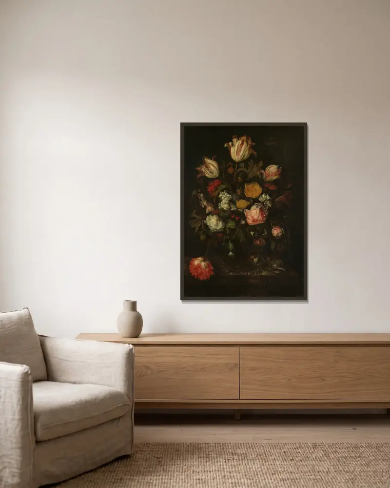 Blumenstillleben von Abraham van Beyeren gerahmt an einer Wand