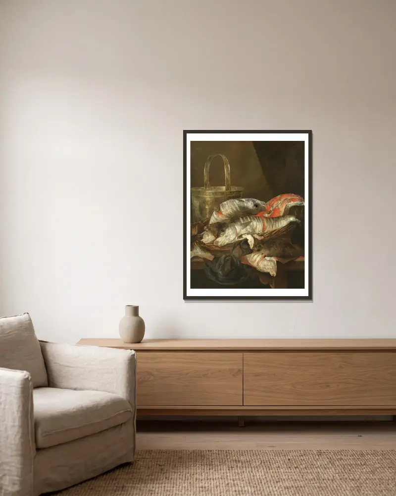 Stillleben mit Schellfisch und Scholle von Abraham van Beyeren gerahmt an einer Wand