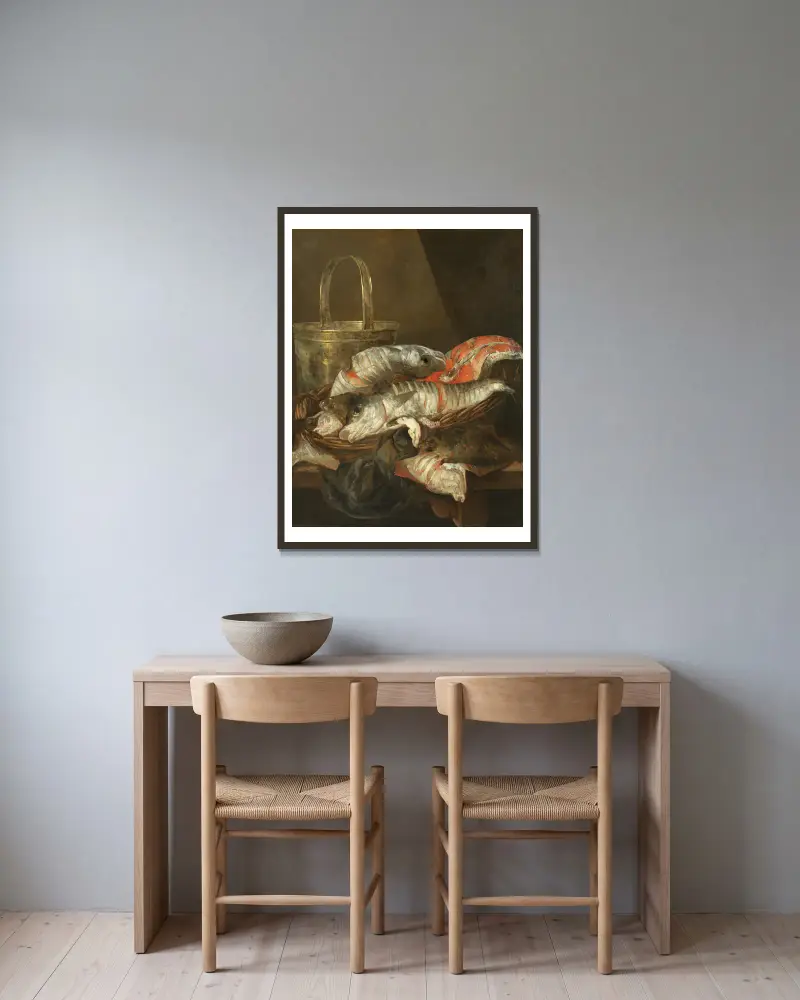 Stillleben mit Schellfisch und Scholle von Abraham van Beyeren gerahmt an einer Wand