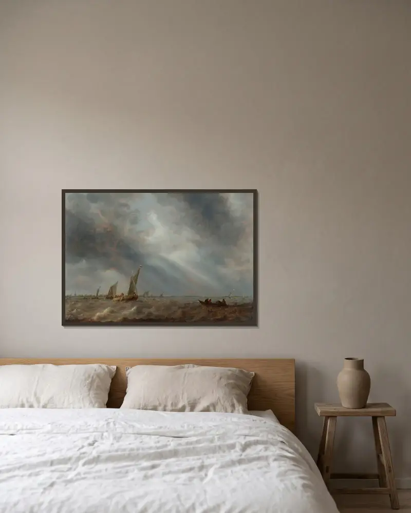 Flera segelfartyg och en roddbåt med fiskare på oroligt vatten under stormig himmel av Abraham van Beyeren inramad på en vägg