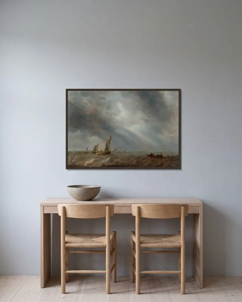 Flera segelfartyg och en roddbåt med fiskare på oroligt vatten under stormig himmel av Abraham van Beyeren inramad på en vägg