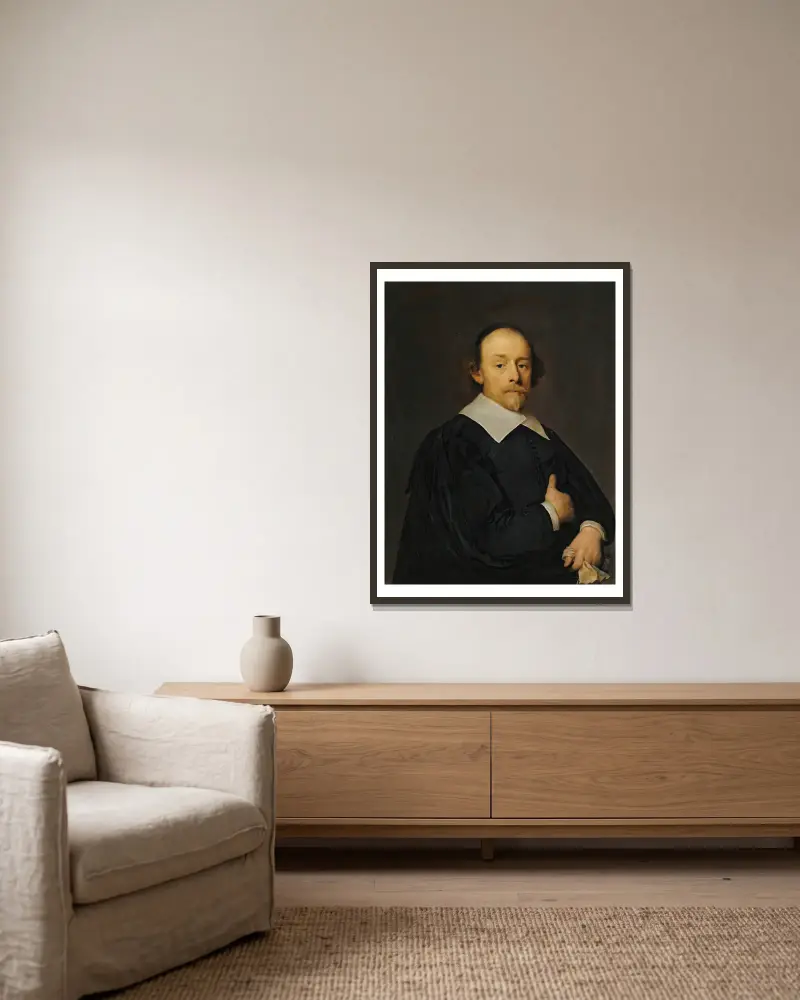 Porträtt av en man i svart av Cornelis Jonson van Ceulen inramad på en vägg