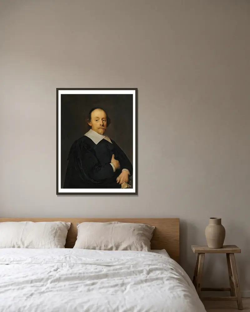Porträtt av en man i svart av Cornelis Jonson van Ceulen inramad på en vägg