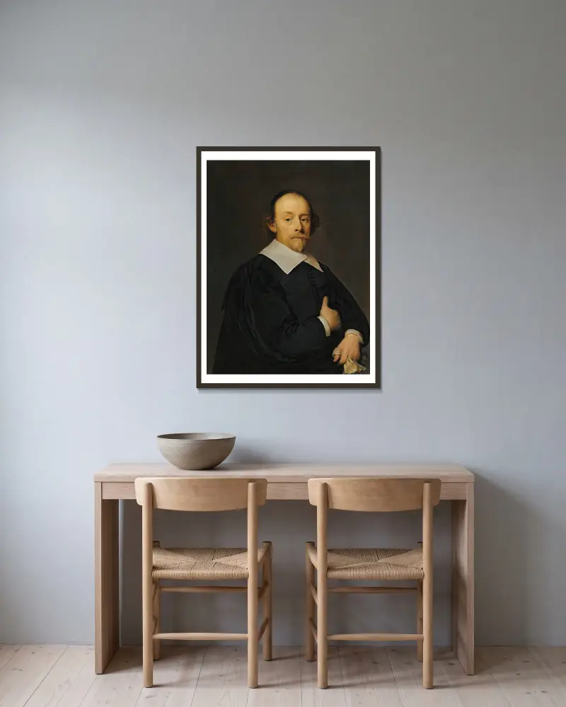 Porträtt av en man i svart av Cornelis Jonson van Ceulen inramad på en vägg