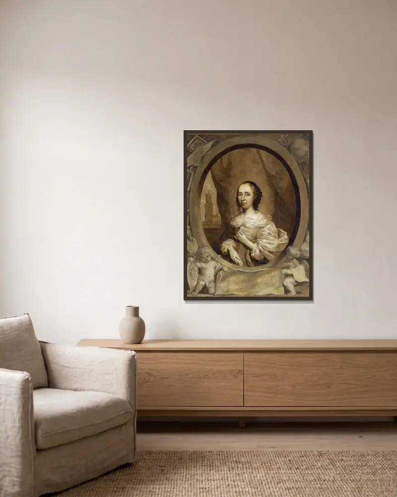 Anna Maria van Schurman av Cornelis Jonson van Ceulen inramad på en vägg