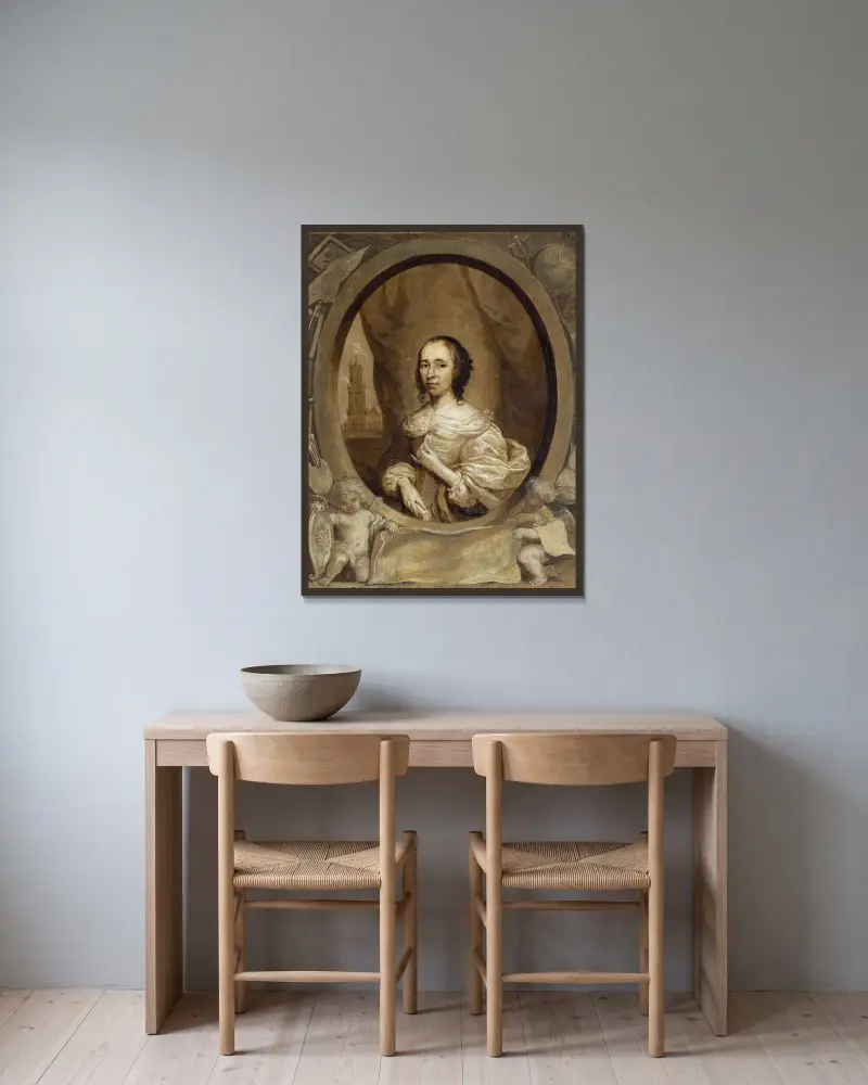 Anna Maria van Schurman av Cornelis Jonson van Ceulen inramad på en vägg