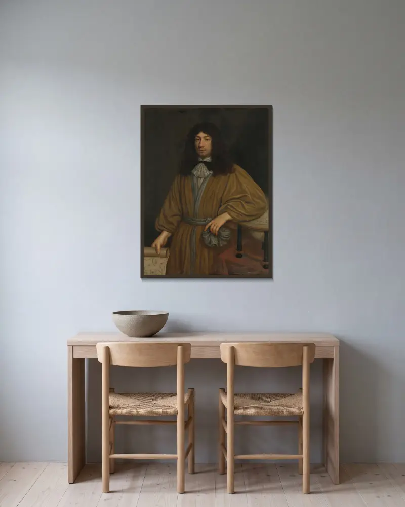 Johan Boudaen Courten (1635–1716), Herr von St. Laurens, Schellach und Popkensburg. Ratsherr von Middelburg und Direktor der Ostindischen Kompanie von Cornelis Jonson van Ceulen gerahmt an einer Wand