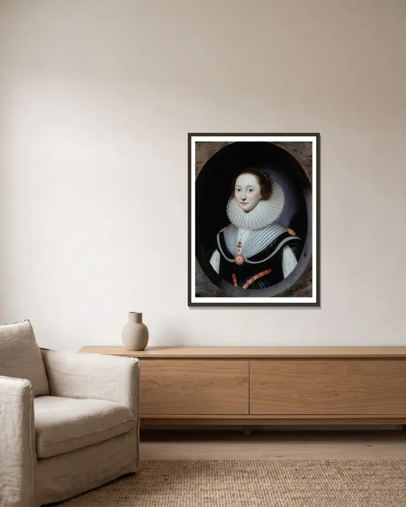 Porträtt av en kvinna med pipkrage och svart klänning av Cornelis Jonson van Ceulen inramad på en vägg