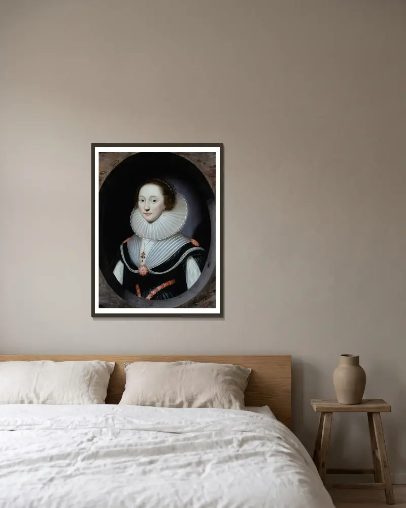 Porträtt av en kvinna med pipkrage och svart klänning av Cornelis Jonson van Ceulen inramad på en vägg