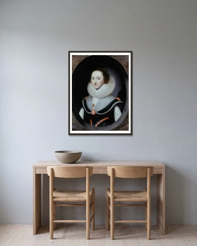 Porträtt av en kvinna med pipkrage och svart klänning av Cornelis Jonson van Ceulen inramad på en vägg