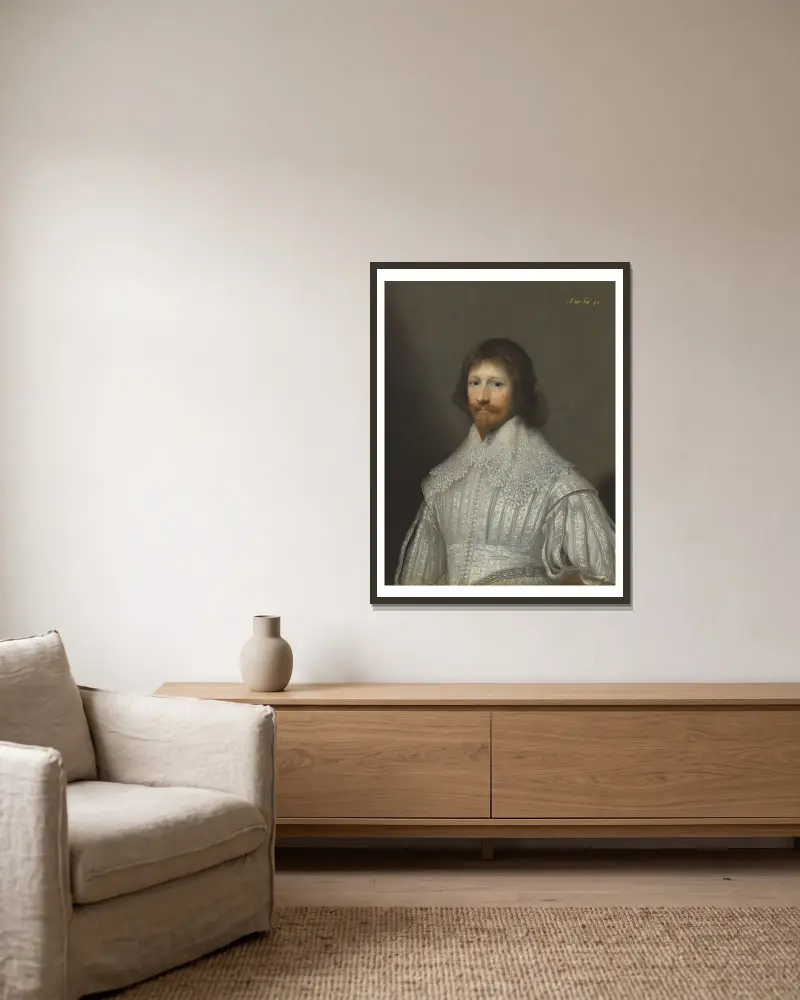 Porträt eines Herrn, traditionell als John Digby, 1. Earl of Bristol identifiziert von Cornelis Jonson van Ceulen gerahmt an einer Wand